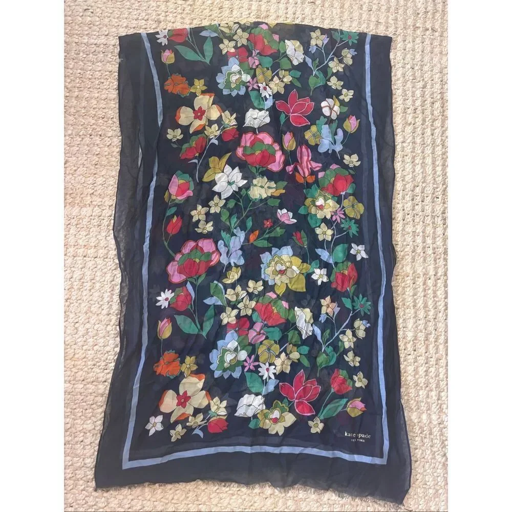 Kate Spade New York Floral Oblong Silk Cotton Scarf | Navy Botanical Garden Wrap